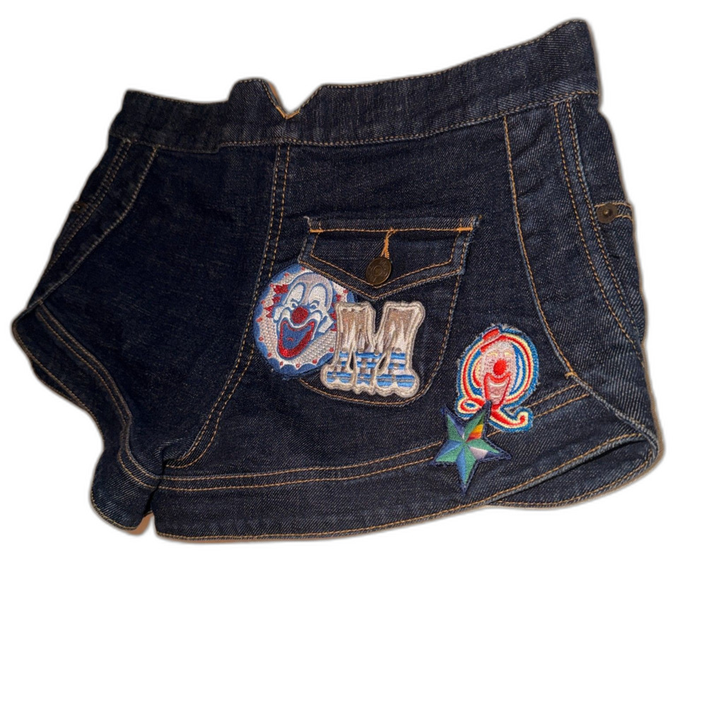 Alexander McQueen Y2K low rise designer vintage denim shorts clown patches Small